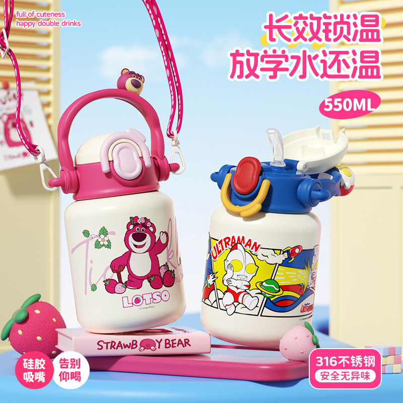Authentic Strawberry Bear Thermos Cup Large Capacity Kidsren's Straw Cup 316 Stainless Steel Kindergarten Primary School Student Cup