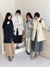 2025冬新款韩系双面羊毛呢外套外套毛毛球围巾单排扣配包包大衣女