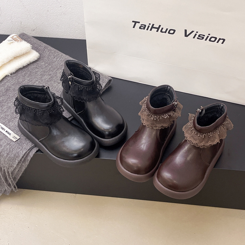 Lace Princess Shoes 2025 Autumn and Winter New Style Fashionable, Comfortable and Versatile Baby Fleece-Lined Super Warm and Stylish Short Boots