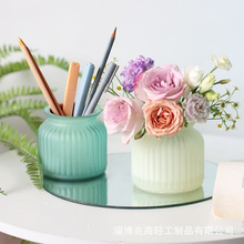 北欧蒙砂绿色玻璃小花瓶轻奢高级感水培花器餐厅装饰品样板间摆件