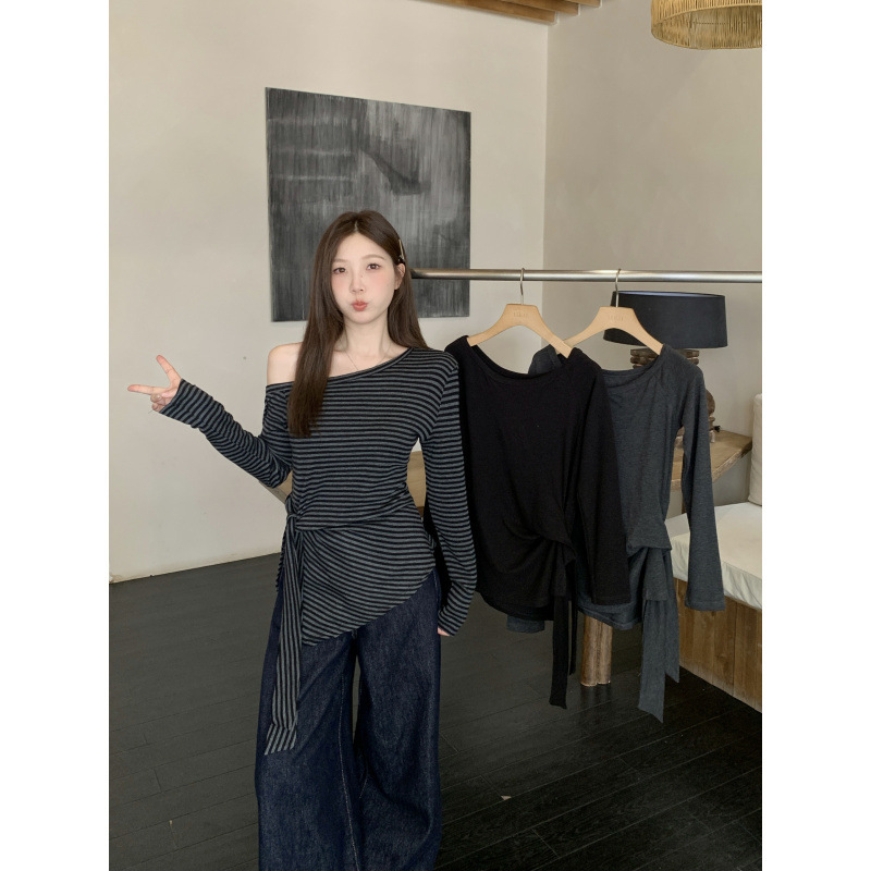 Discount European Plus-Size Autumn New Design Off-Shoulder Irregular Strap Long-Sleeve T-Shirt for Chubby Girls