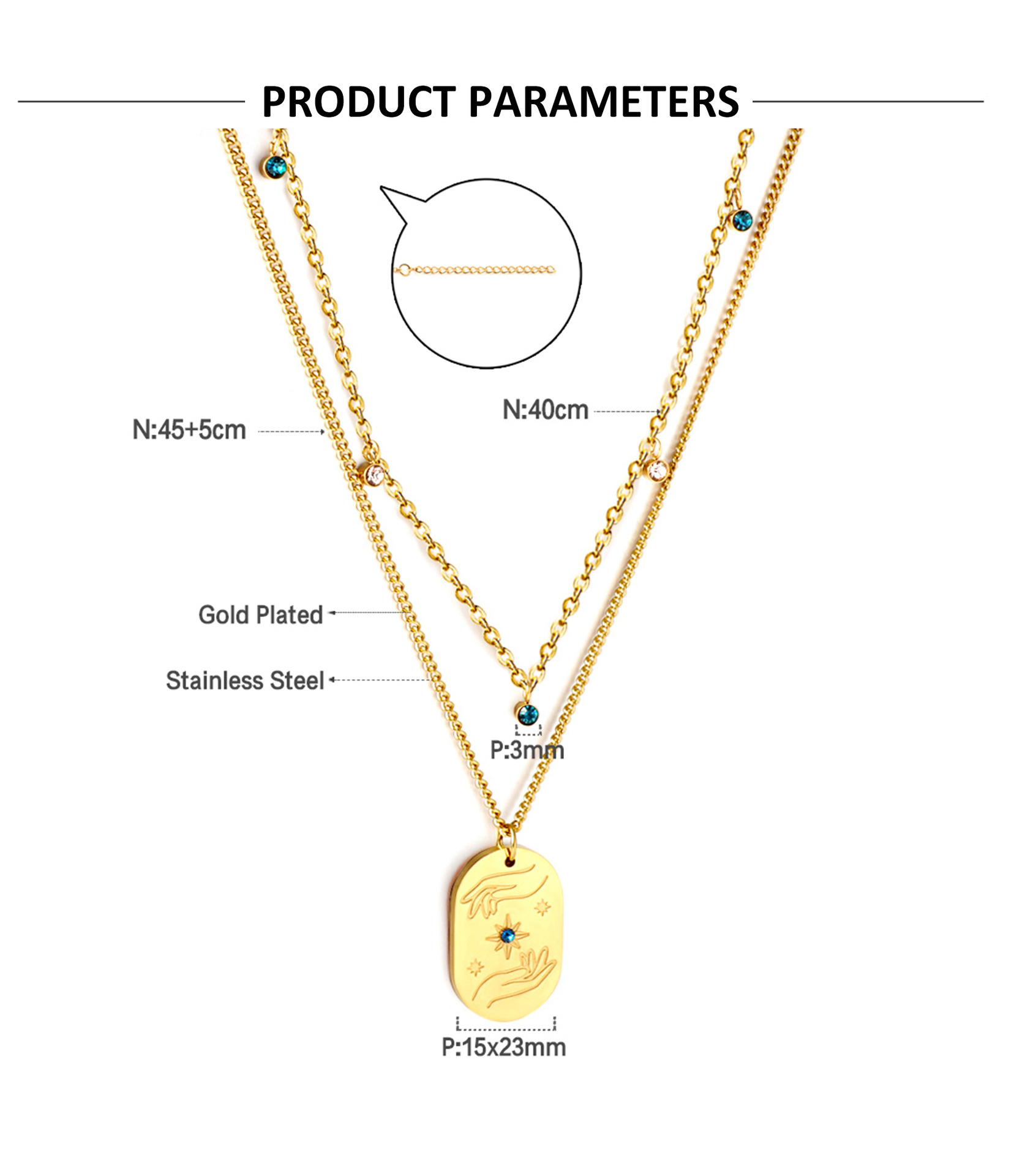 Retro Square Star Oval Stainless Steel Inlay Rhinestones Necklace