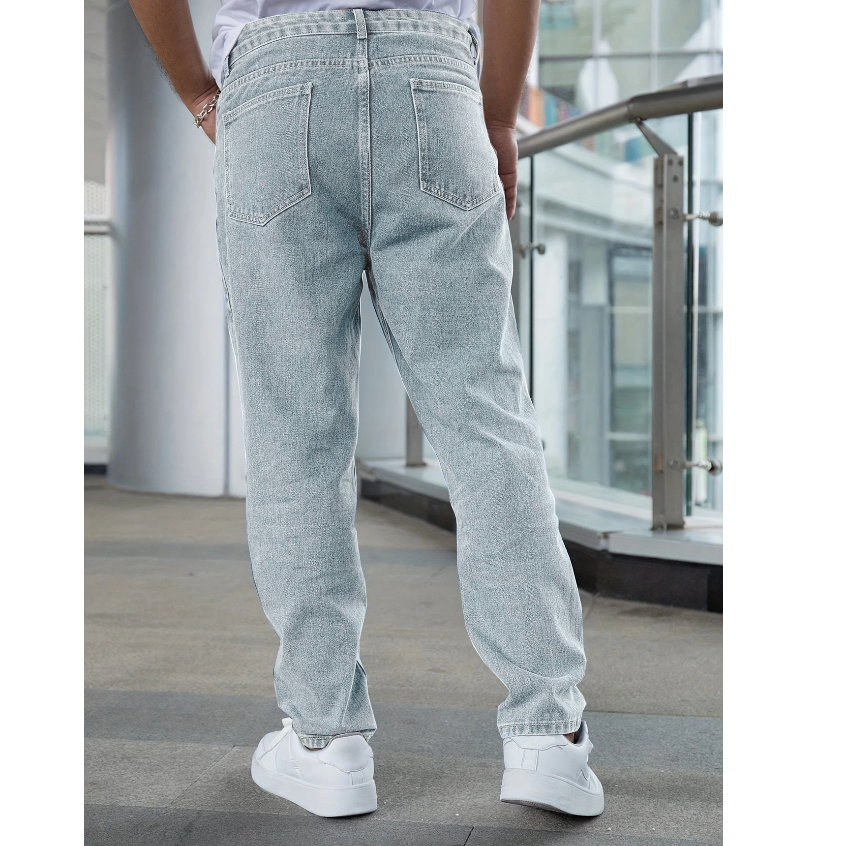 Men's Light Blue Straight Leg Jeans Casual Stretch Cotton Trousers Midweight Zipper Fly Mid Waist Long Pants_voghion.com