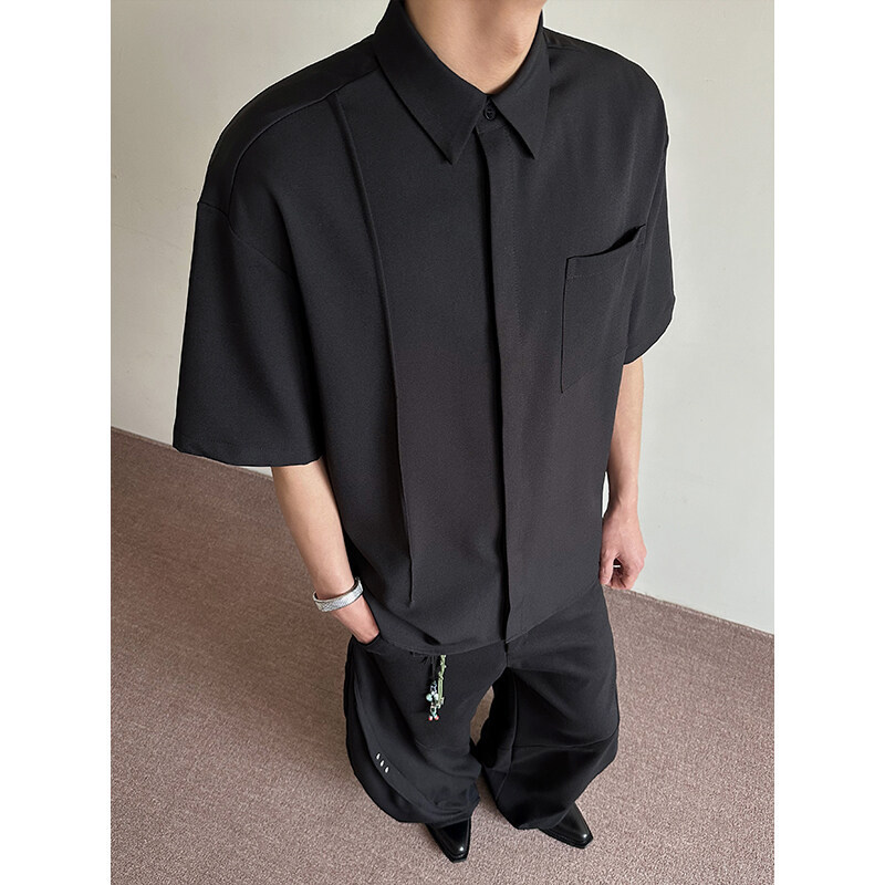 INTFEDAY Designer Deconstructed Dark Stitching Short Sleeve Shirt Men's Summer Cool Silky Solid Color Shirt
