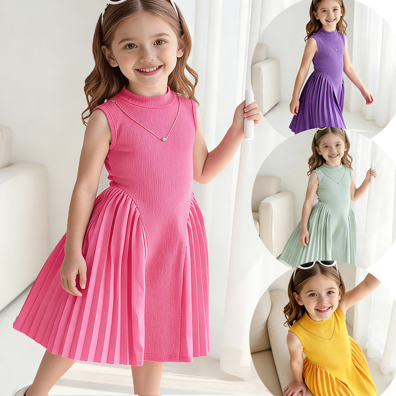 Cross-Border Girls' Clothing Summer European and American Style Elegant Pleated Patchwork Waist-Cinching Sleeveless Dress + Necklace Cross-Border Girls' Clothing Summer European and American Style Elegant Pleated Patchwork Waist-Cinching Sleeveless Dress + Necklace
