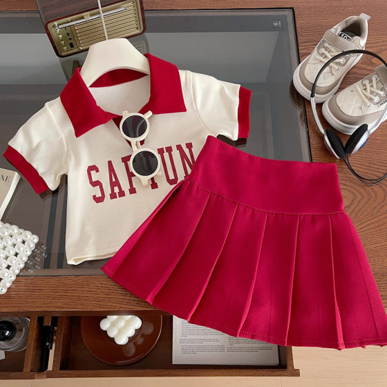 Summer short-sleeved suit girls POLO shirt letter printing children's clothing 2025 women's treasure pleated skirt two-piece fashion