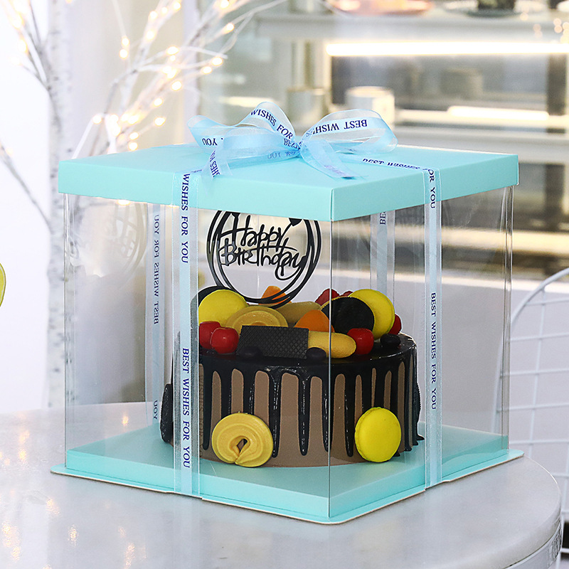 蓝色透明生日蛋糕盒单双层加高三合一 8 10 12 14 16寸烘焙包装盒