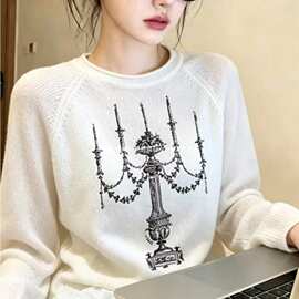 重工刺绣白色长袖针织衫女早秋圆领套头百搭显瘦简约上衣软糯毛衣