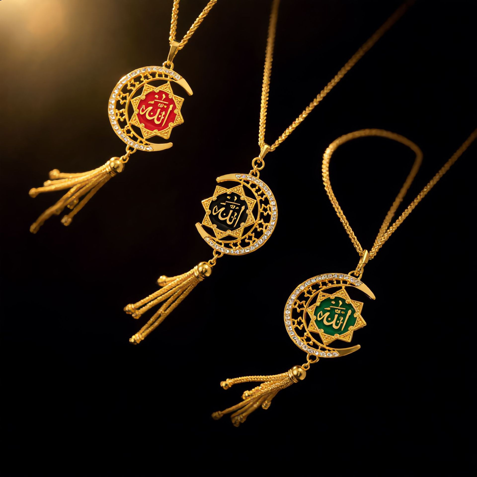 Golden Star and Moon Enamel Car Pendant, 3D Scripture Car Hanging Ornament, Diamond-Encrusted Rearview Mirror Tassel Decoration, Cross-Border Wholesale