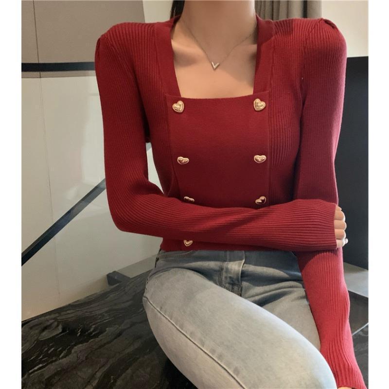 Fall 2022 new fashion Korean style square collar open collarbone sweet long sleeve double breasted sweater women's clothing Fall 2022 new fashion Korean style square collar open collarbone sweet long sleeve double breasted sweater women's clothing