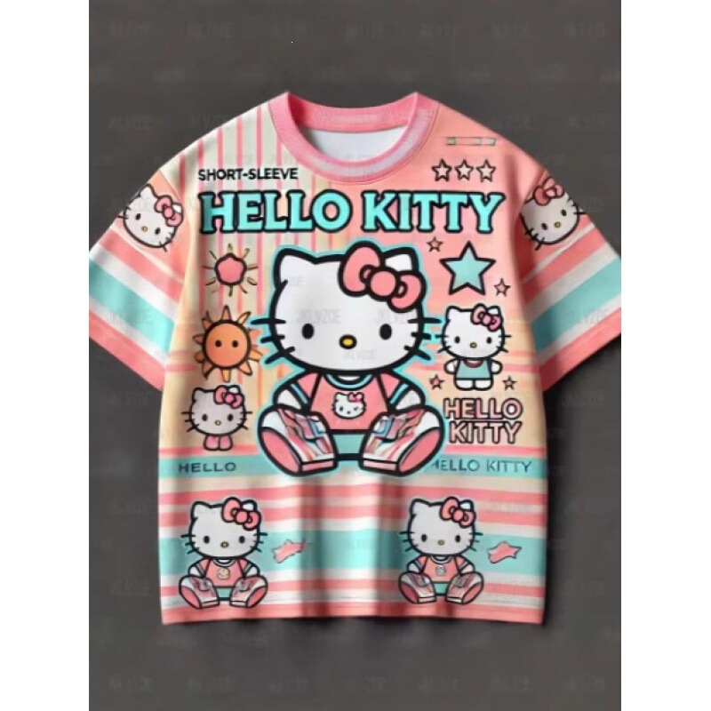 Sanrio T-Shirt 3D Printed Hello Kitty Round Neck T-Shirt Summer Sports Casual Short-Sleeved Top Polyester Sanrio T-Shirt 3D Printed Hello Kitty Round Neck T-Shirt Summer Sports Casual Short-Sleeved Top Polyester