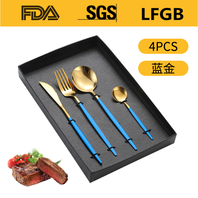 Portugal cuatro piezas principales caja de regalo comida occidental cuchillo, tenedor y cuchara traje Amazon vajilla de acero inoxidable 4/5 piezas traje