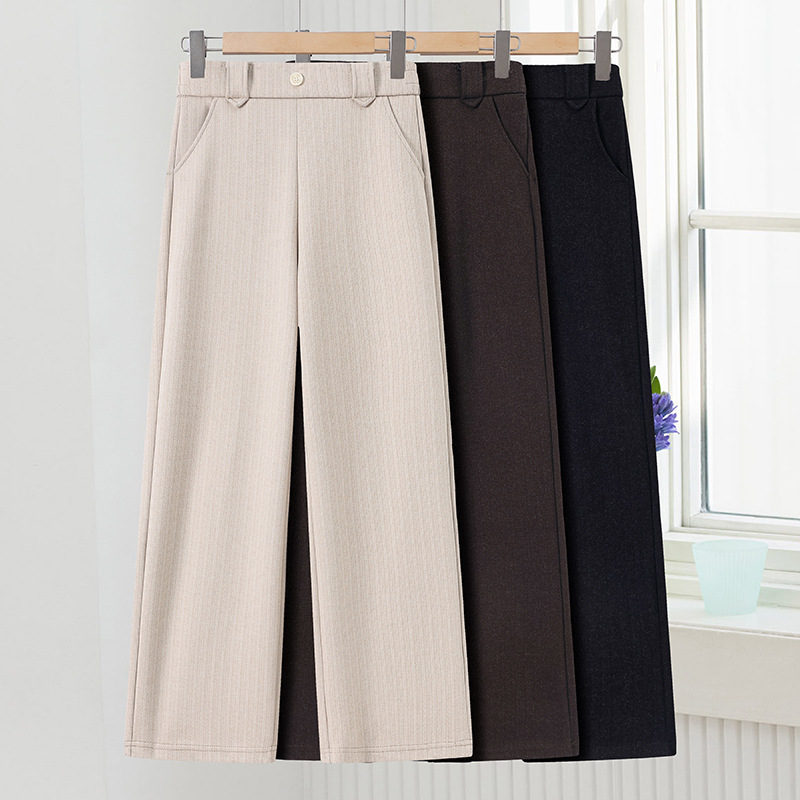 Middle-Aged and Elderly Women's Autumn Straight Pants, Mother's Woolen Elastic Waist Pure Color Casual Spring High-Waist Slim Pants