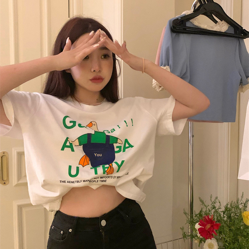 Summer Japanese and Korean retro women's printed T-shirt cotton short-sleeved T-shirt women's ins fashionable loose casual inner top