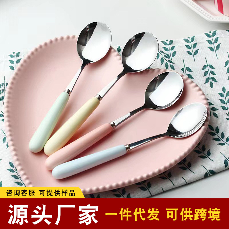 Macaron Ceramic Handle Color Stainless Steel Spoon Children's Tableware Soup Spoon Rice Spoon Creative High-Value Spoon Wholesale Macaron Ceramic Handle Color Stainless Steel Spoon Children's Tableware Soup Spoon Rice Spoon Creative High-Value Spoon Wholesale