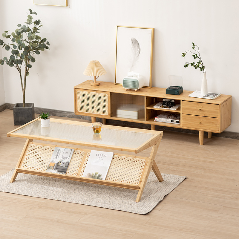 Mesa de té de ratán de estilo japonés TV gabinete combinación registro estilo sala de estar internet celebridad vidrio mesa de té pequeño apartamento sala de estar visual gabinete