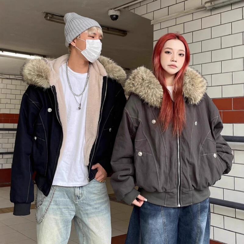New Winter Fashion Warm Parka Cotton Jacket with Large Fur Collar, Lamb Wool Lining, Couple's down Cotton Coat for Foreign Trade Cross-Border Sales New Winter Fashion Warm Parka Cotton Jacket with Large Fur Collar, Lamb Wool Lining, Couple's down Cotton Coat for Foreign Trade Cross-Border Sales