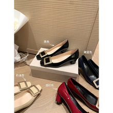 羊皮版苏茵茵同款新颜色呀方头方扣浅口粗高跟ol单鞋女婚鞋通勤鞋