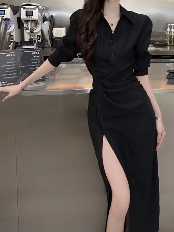 秋季新品法式高级感翻领单排扣衬衫连衣裙女气质|undefined