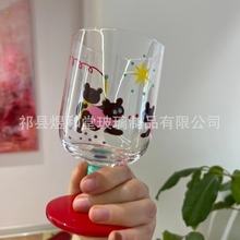 日式同款手绘可爱卡通熊熊杯子高脚杯聚会红酒杯玻璃冰激凌杯