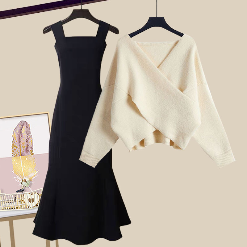 (2개) 가을 세트 여성 2024 새로운 플러스 사이즈 여성 한국 슬림 크로스 스웨터 스트랩 피쉬 테일 스커트 투피스 패션