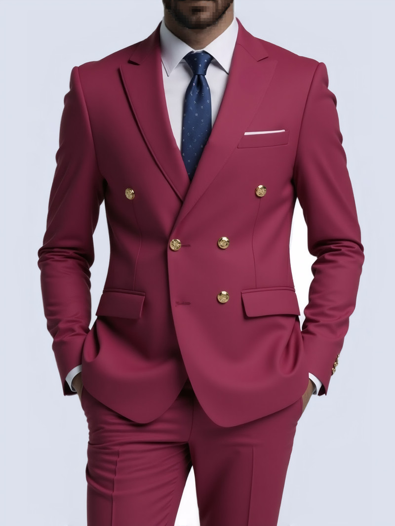 Men's Slim Fit Suit With Double Breasted Gold Buttons Set_voghion.com