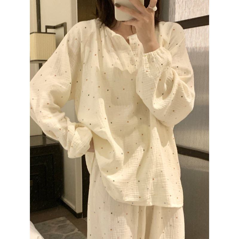长袖棉纱睡衣套装女秋季圆领甜美波点印花纯棉家居服可外穿秋天