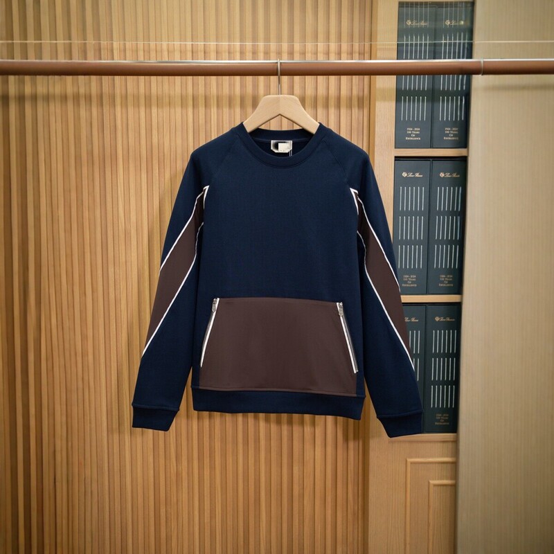 2026 Autumn/Winter New HM High-Quality Men's Crew Neck Sweatshirt with Color-Block Patchwork and Faux Two-Piece Design, Pocket Detail, Old Money Style Casual Wear