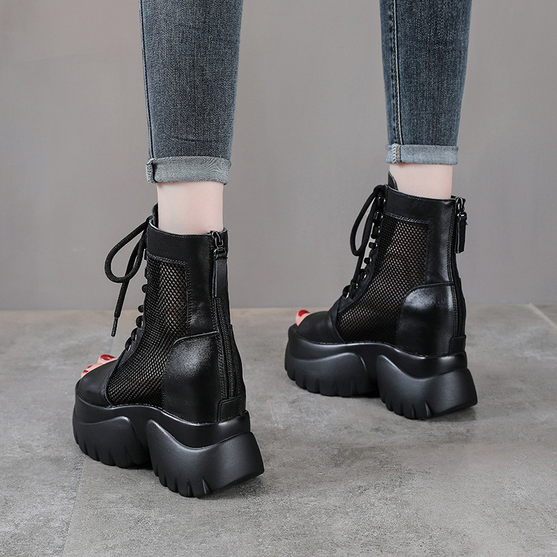 Sandal da bò cao gót 9 cm quai buộc dây hở mũi — màu đen