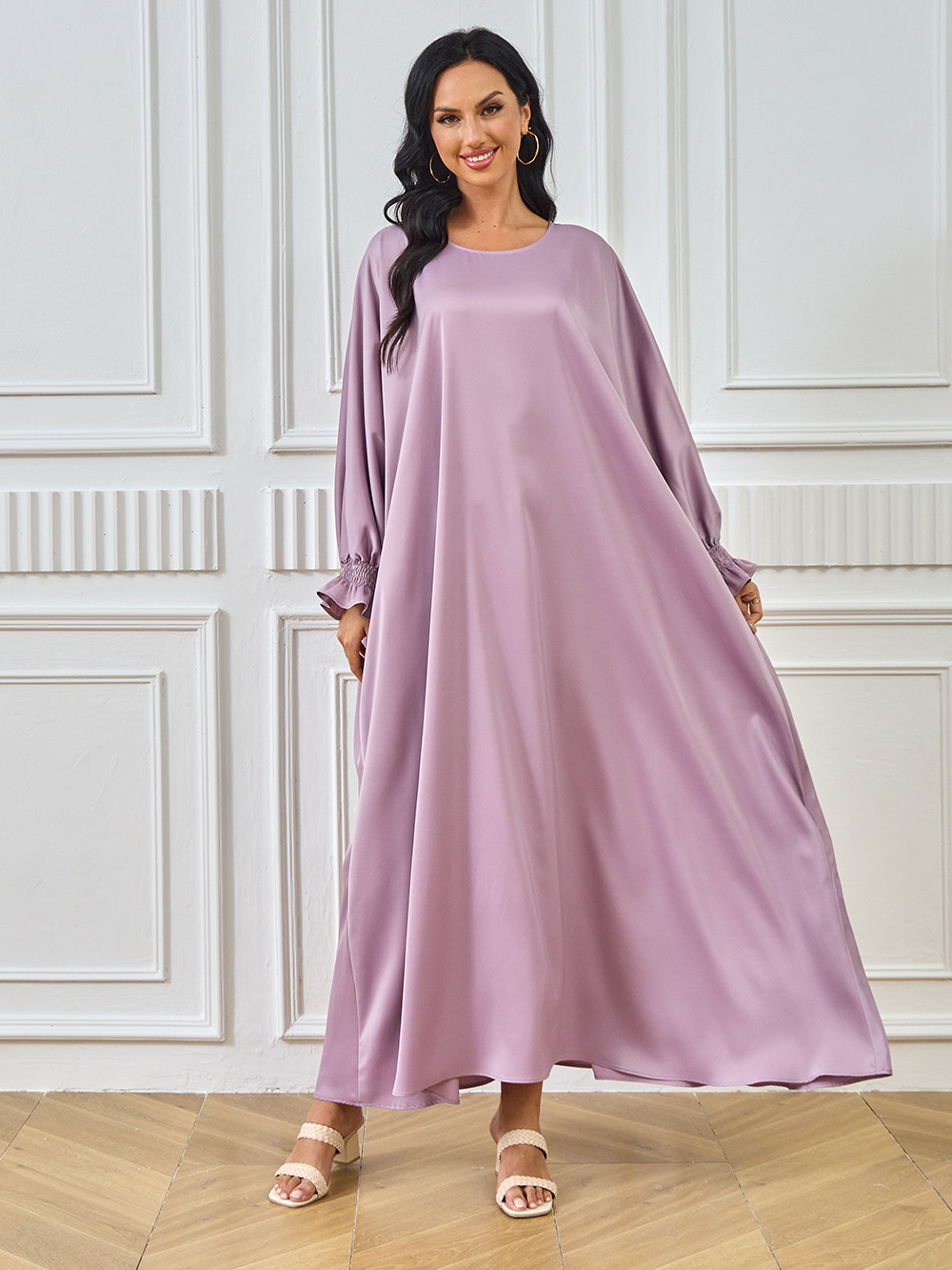 2024 New Cross-Border Abaya Dubai Muslim Middle Eastern Women's Long Robe Solid Color Dress_ecoleips.com