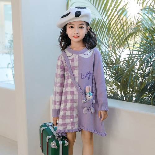 New Women's Baby Frozen Starlight Princess Dress, Stylish Purple Cartoon Rabbit Cardigan Dress for Girls