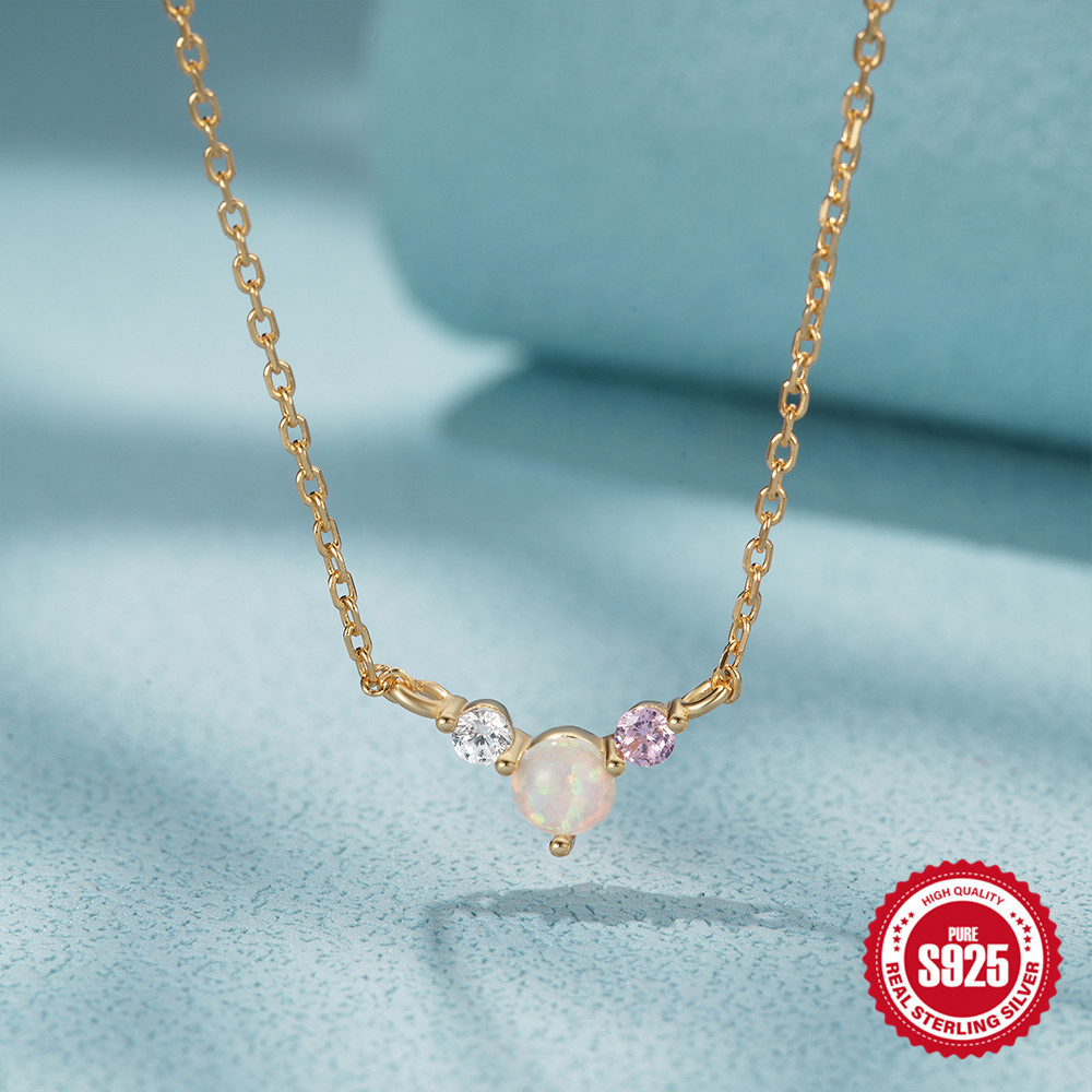 Women's Gender Plating, Inlay Design 925 Sterling Silver Opal Zircon Plating Inlay Color Block Pendant Necklace