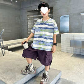 2026新款儿童男童中大童韩版宽松短袖T恤纯棉扎染条纹男孩上衣