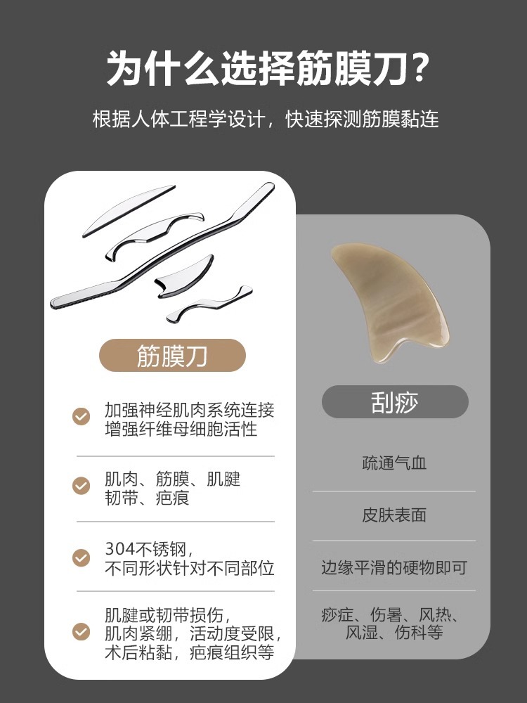 Conjunto de cinco piezas de cuchillo fascial cuchillo de máscara de cuello de acero inoxidable liberación miofascial relajación muscular raspado tendón raspado pierna palo masajeador