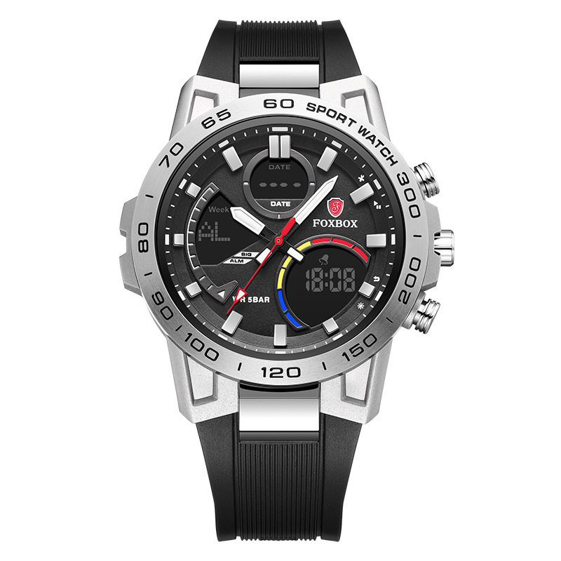 FOXBOX hombre nuevo cronógrafo multifuncional impermeable reloj despertador de doble pantalla reloj electrónico reloj deportivo para estudiantes