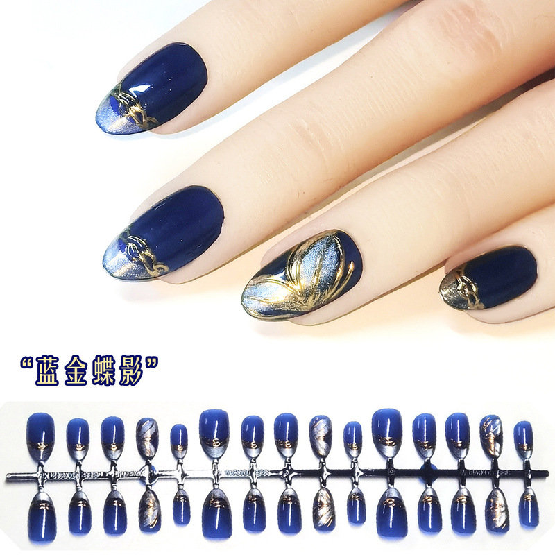 3D Stereo Nail Art Dark Blue Gold-Plated Butterfly Almond-Shaped Short Press-On Nails Foreign Trade Fake Nail Tips Wholesale