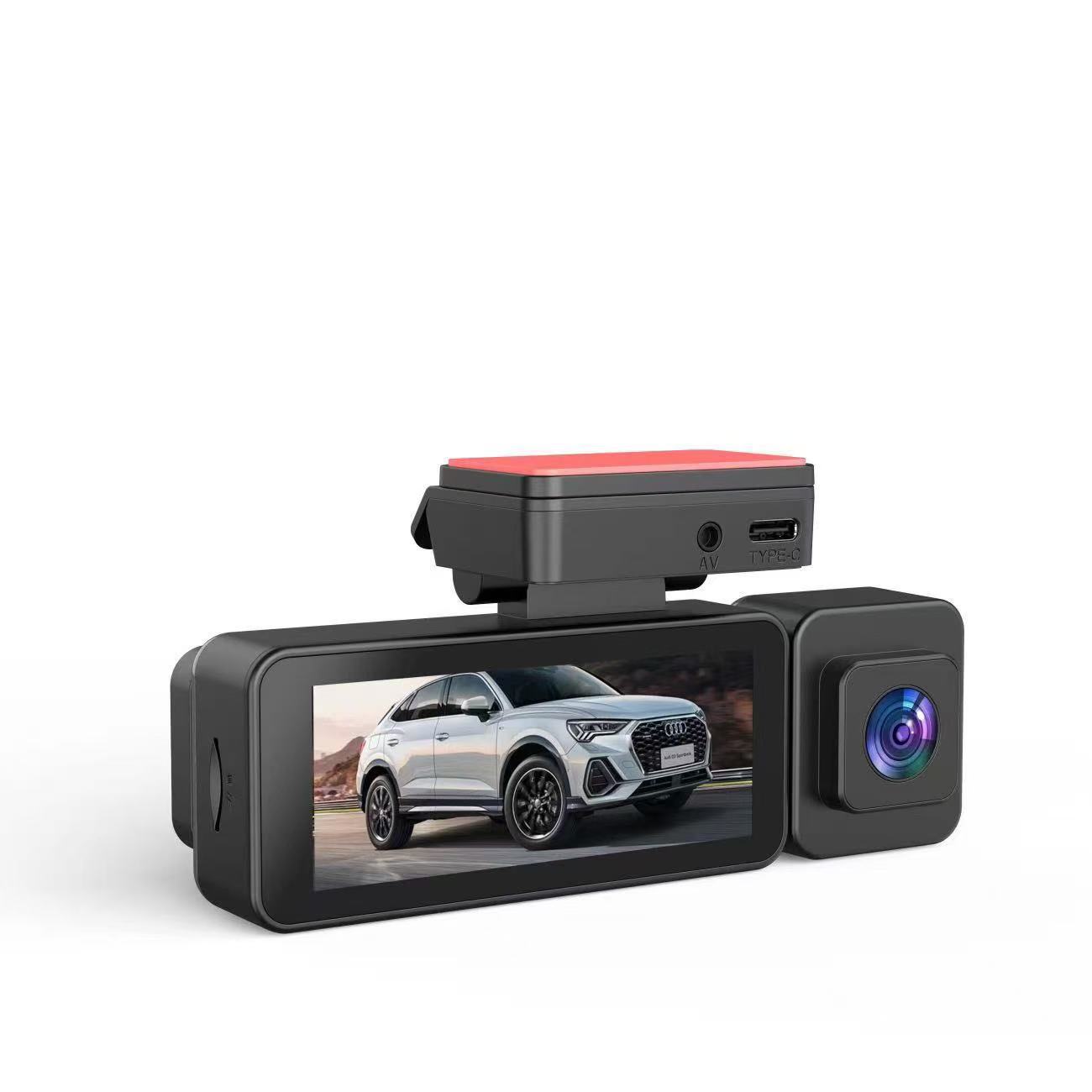 High-definition triple-camera dashcam with interior and exterior, front, rear, left, and right panoramic views, equipped with WiFi and in-car reversing camera