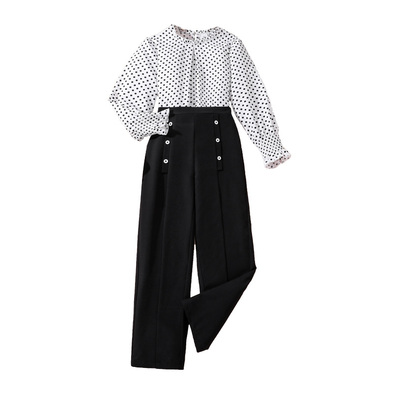 Mädchen Herbst Neue Mittlere bis Große Kinderkleidung 7-12 Western Wave Dot Langarm Top Zweiteiliges Set_voghion.com