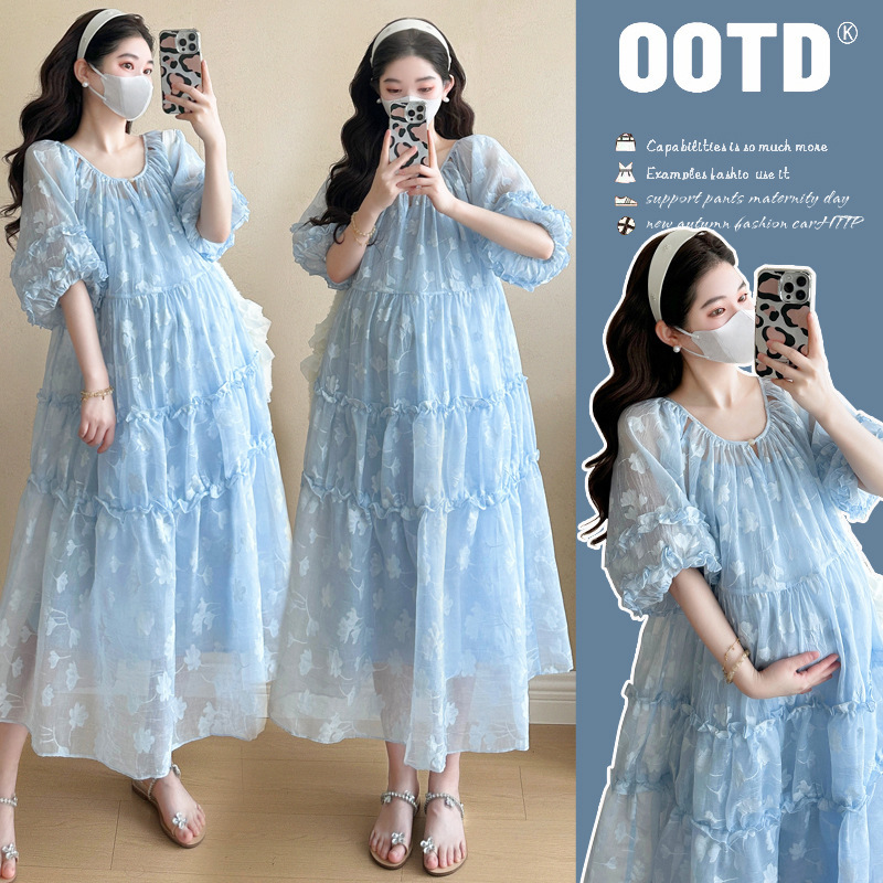 Tea Break French Blue dress Women's 2025 Summer New Style Elegant Socialite Seaside Holiday Style Long Dress Maternity Dress