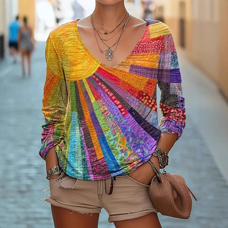 2025 foreign trade cross-border new women's casual V-neck long sleeve regular pullover digital printing women's top T-shirt