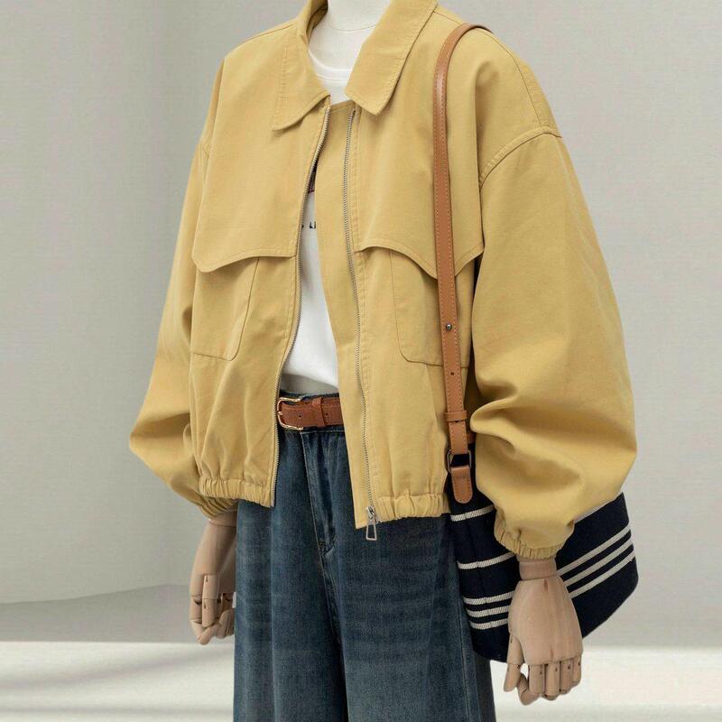 学院风黄色工装外套女短款2025秋新款小个子宽松休闲百搭夹克上衣|undefined