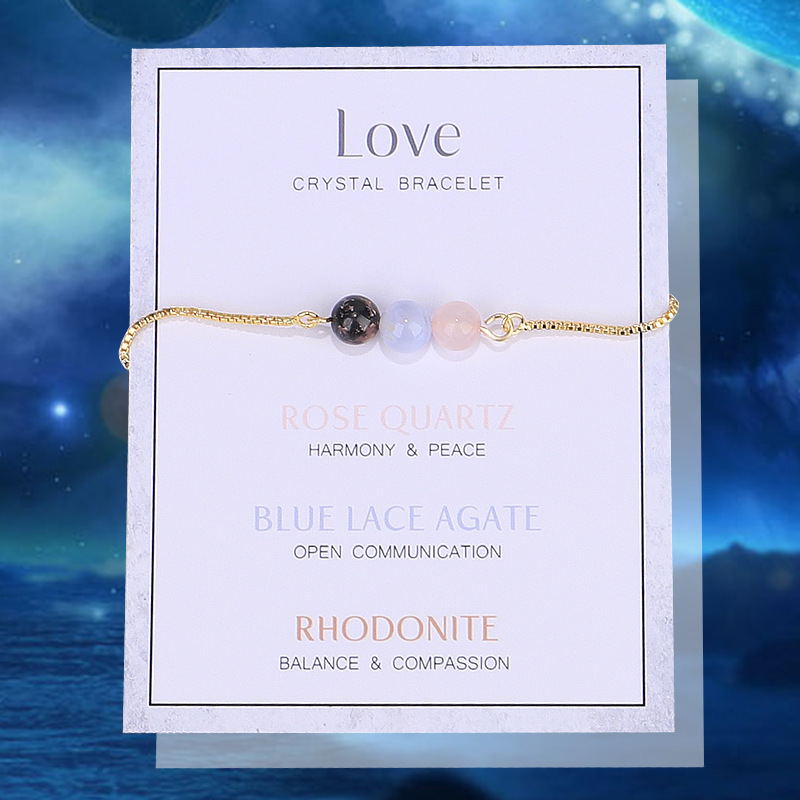 Amazon new stone beaded bracelet pink crystal rose rose stone combination LOVE meaning box chain bracelet for women