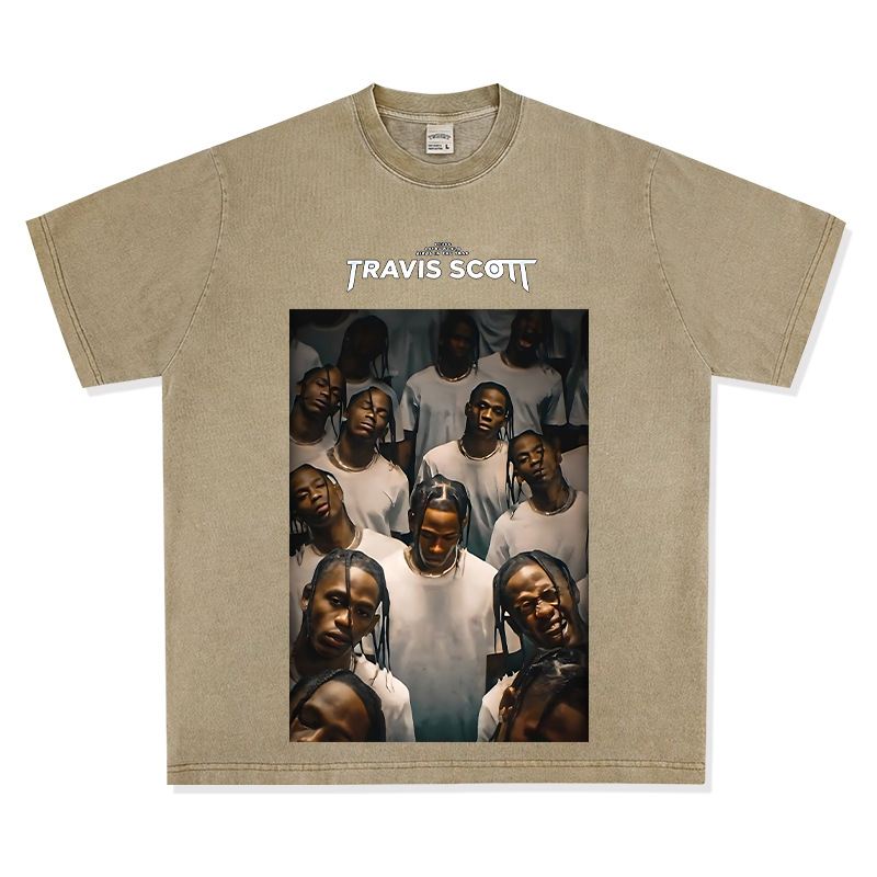 Bc Europa y América calle hip hop Travis Scott rap personaje impreso lavado apenado suelta manga corta Camiseta de los hombres