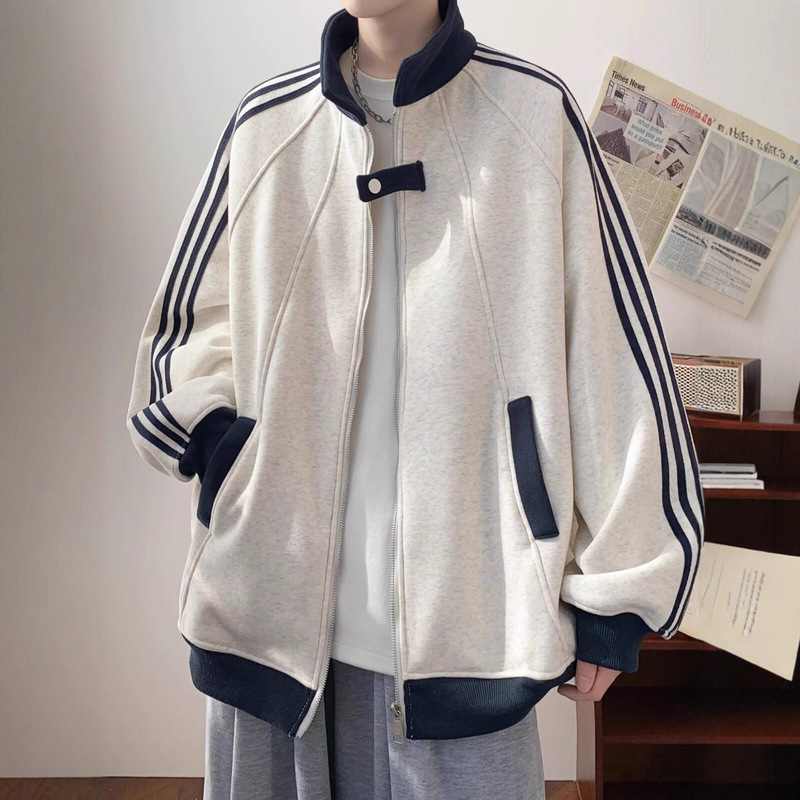 American Striped Casual Cardigan Sweatshirt for Men, Spring and Autumn Lazy Style, College Style, Versatile Couple Sports Jacket American Striped Casual Cardigan Sweatshirt for Men, Spring and Autumn Lazy Style, College Style, Versatile Couple Sports Jacket