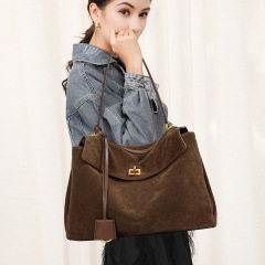 Deer hide autumn and winter sanding cowhide Rodeo Kelly tote bag, genuine leather commuting large capacity shoulder hand carry crossbody bag