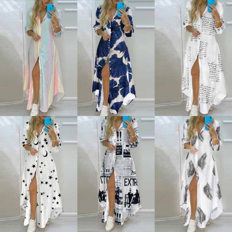 2025 Spring Amazon Export Wish Women's Clothing Elegant Printed Single-Breasted Slit Shirt Dress Long Skirt