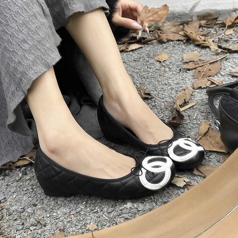 Tweed Style Inner Heightening Shallow Mouth Flats Shoes Bow Ballet Shoes Women's Grandma Shoes Large Size Women's Shoes 41 to 43