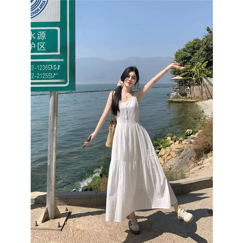 2025 新しい夏のフレンチ初恋スタイル白サスペンダードレス女性の春と夏の韓国スタイル無地ロングスカート|undefined