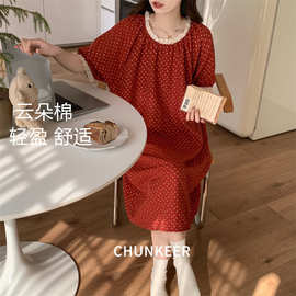 花边波点睡衣女夏天ins风日系圆领红色甜美少女短袖连衣裙家居服