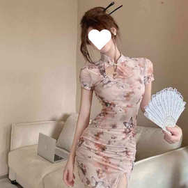 2025新款复古国风短袖收腰印花收腰包臀旗袍裙连衣裙修身新中式